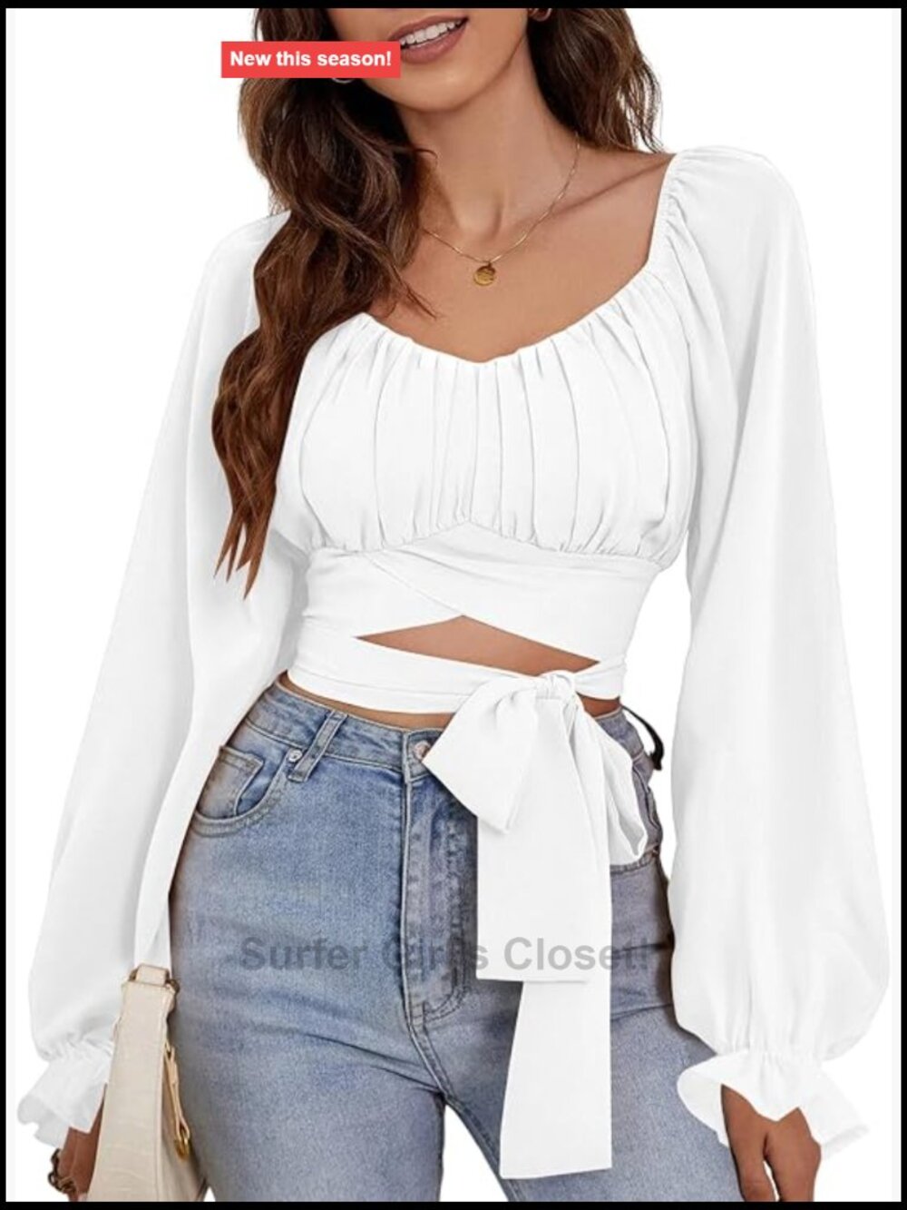 Ruffled Puff Sleeve Crop Top Self Tie Wrap Square Neck Blouse